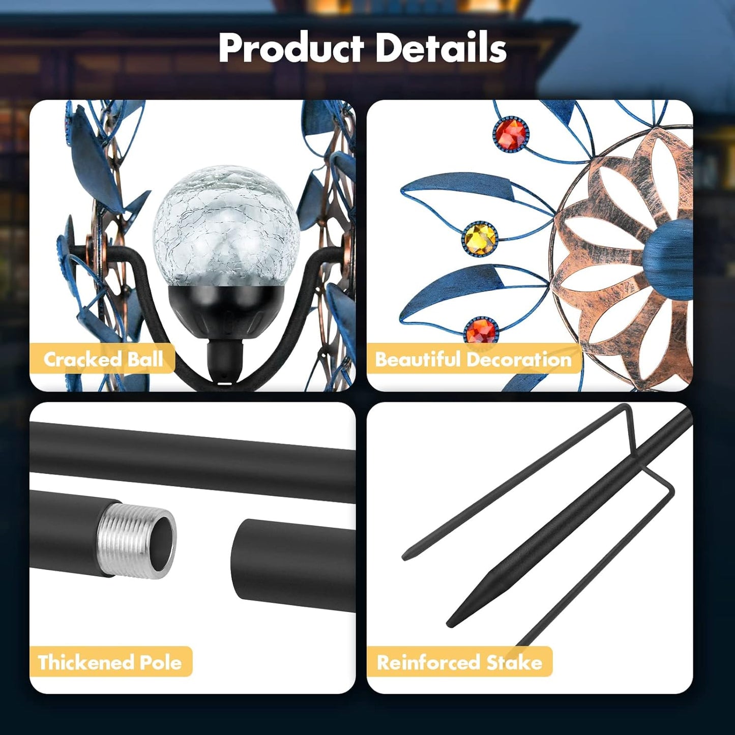 Solar-Windspinner-Skulptur für Garten & Terrasse, Höhe 12 Zoll, Durchmesser der Blüte 8 Zoll