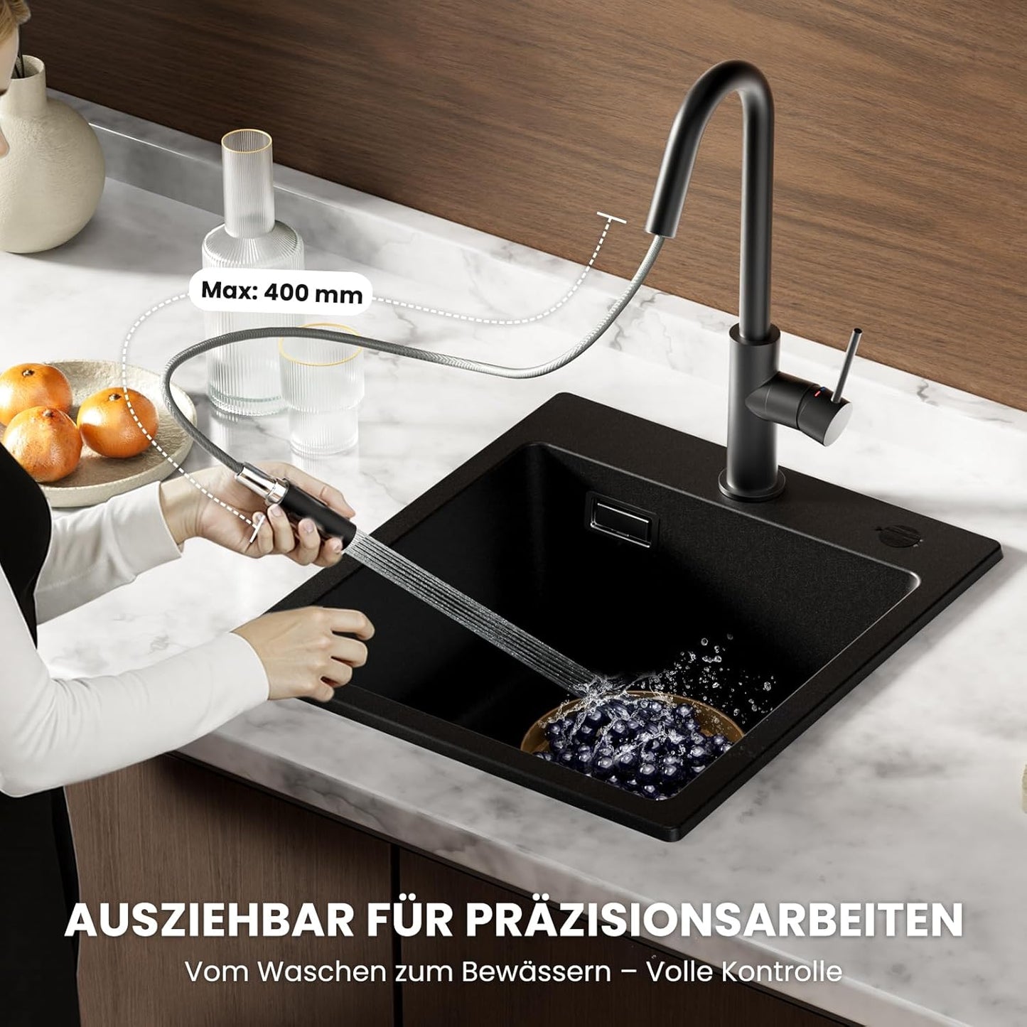 Hochdruck Küchenarmatur mit ausziehbarer Brause, Schwarz