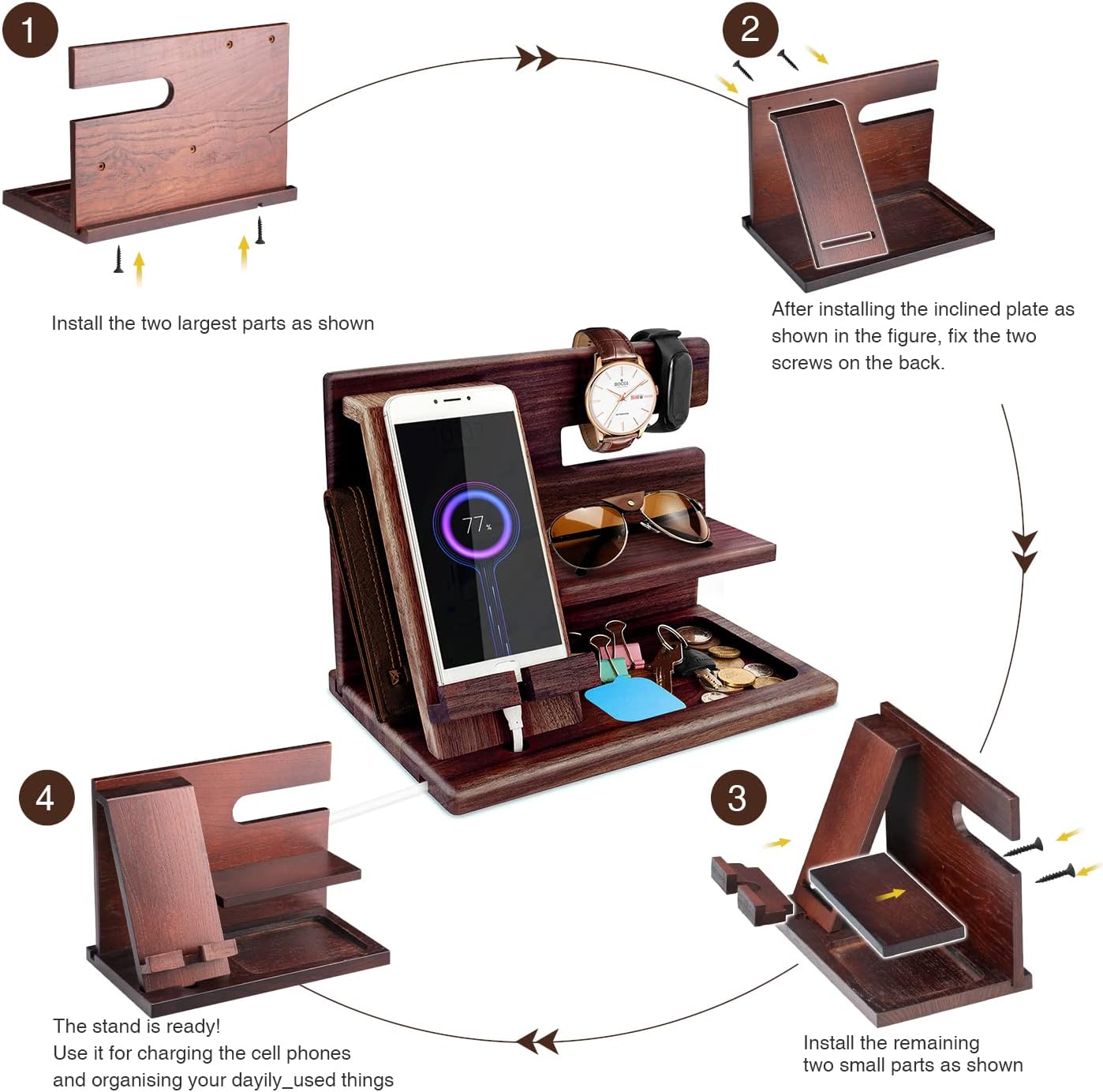 Telefon-Dockingstation & Nachttisch-Organizer aus Holz, Braun