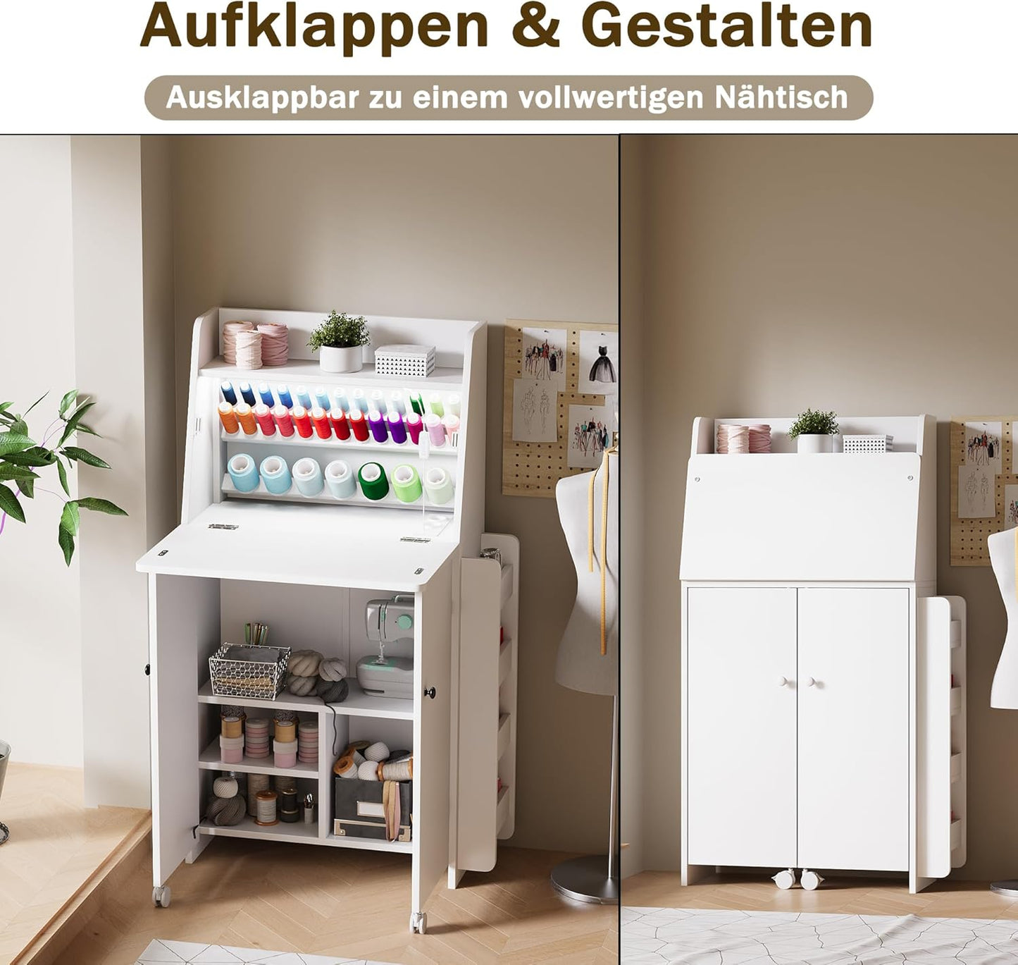 Klappbarer LED Nähtisch mit 33 Garnhalter & 2 Steckdosen, USB+Typ-C