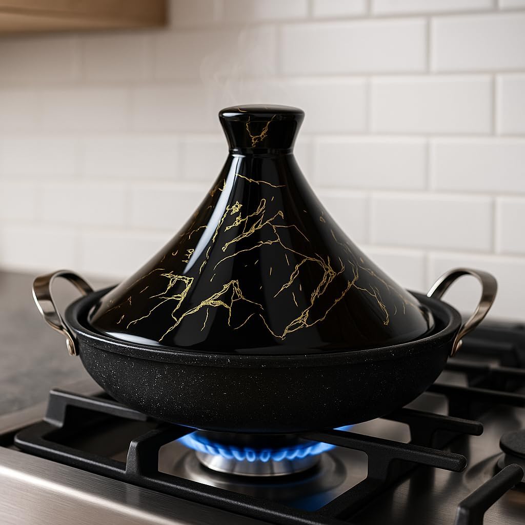 Tajine Schmortopf mit Keramikdeckel & Dampfventil, Schwarz 38 cm
