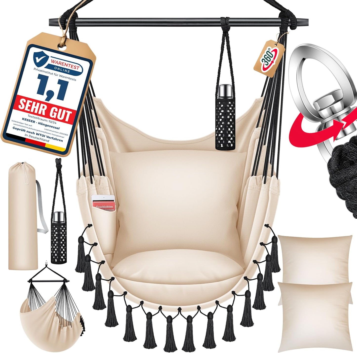 Hängesessel Safari XXL mit Aufhängung & Zubehör, Beige