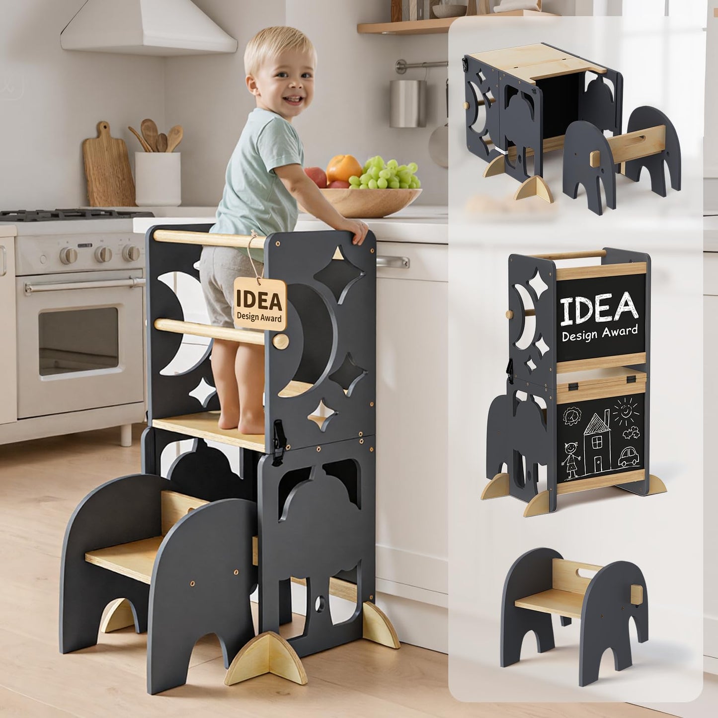 4in1 Lernturm mit Doppeltafel & Schreibtisch, Schwarz
