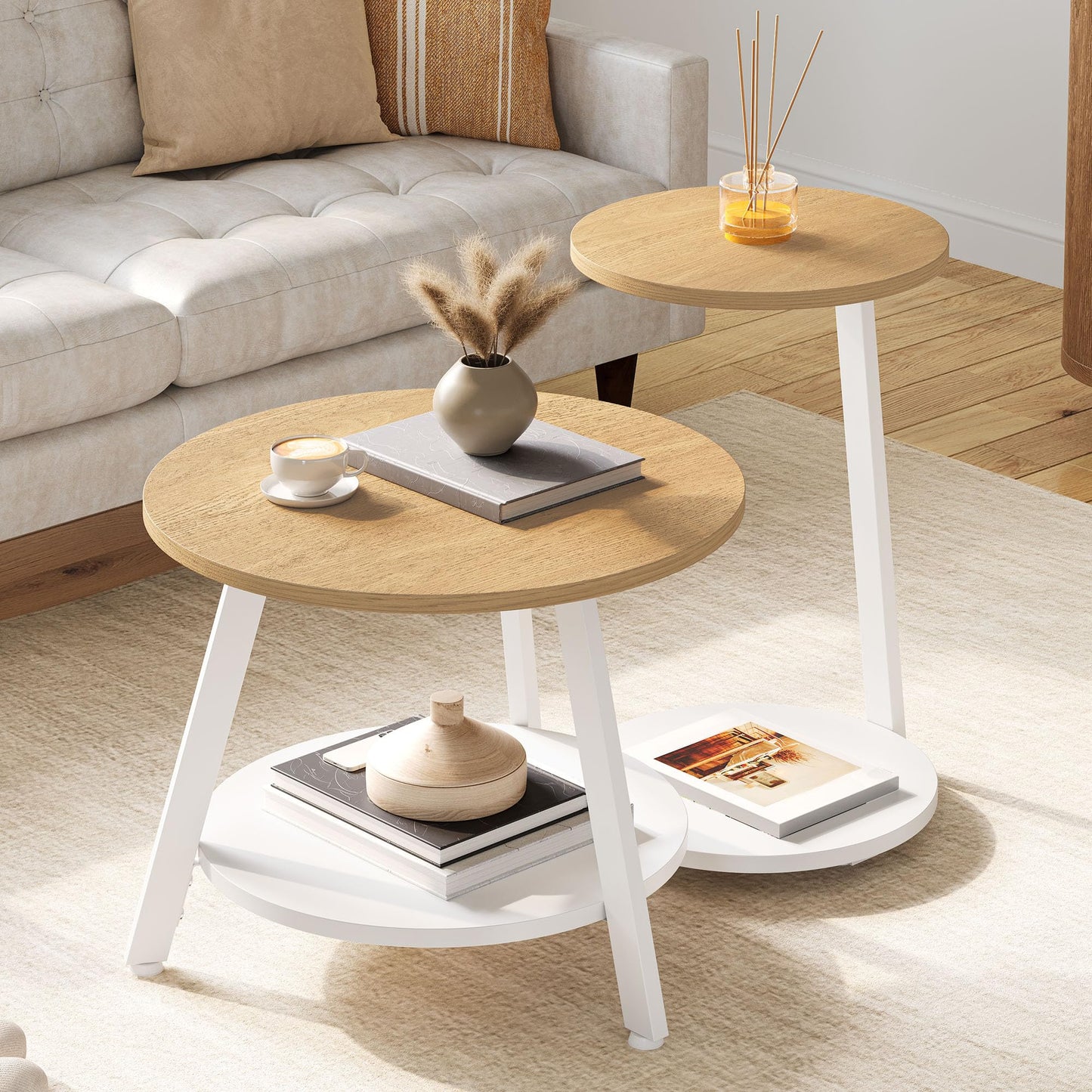 Runder Couchtisch-Set mit Stauraum (2-teilig), Naturholzfarbe