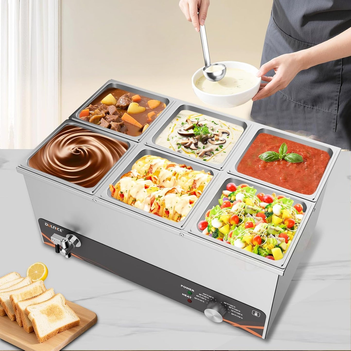 Bain Marie Speisewärmer mit sechs 1/6 GN Speisewannen, 6-Pan