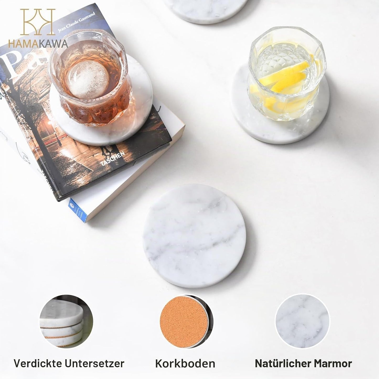 4er-Set Untersetzer für Getränke, 10 cm - Rund Carrara-weiss