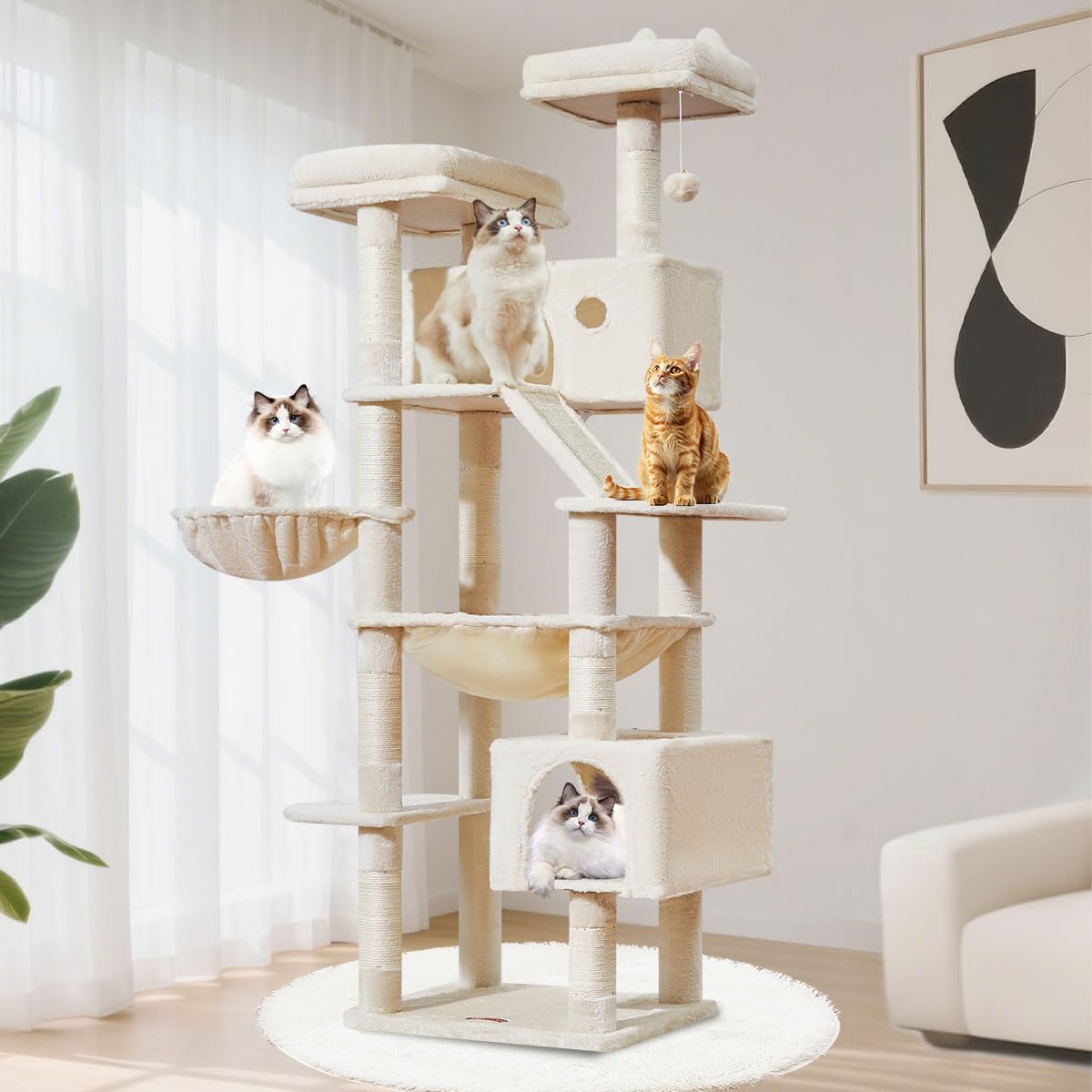 Kratzbaum MS026LM mit Katzenhaus und Hängematte, Beige 180CM