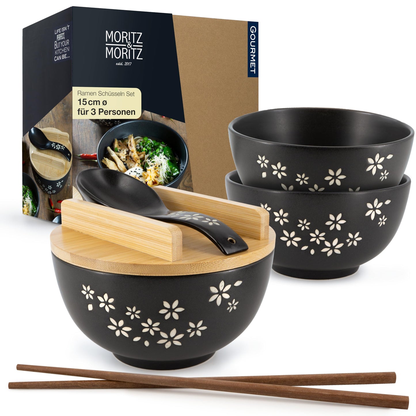3er-Set Ramen Bowl mit Stäbchen und Löffel, 3x Schale