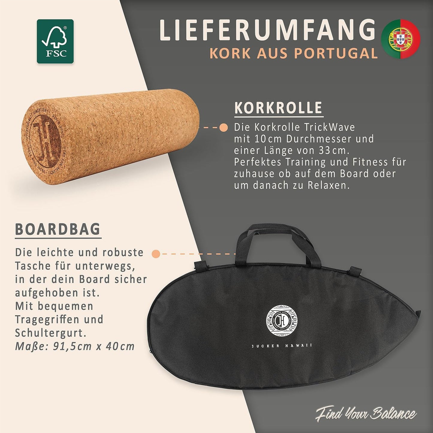 Balanceboard Ocean Rocker mit rutschfester Oberfläche, Schwarz + Rolle