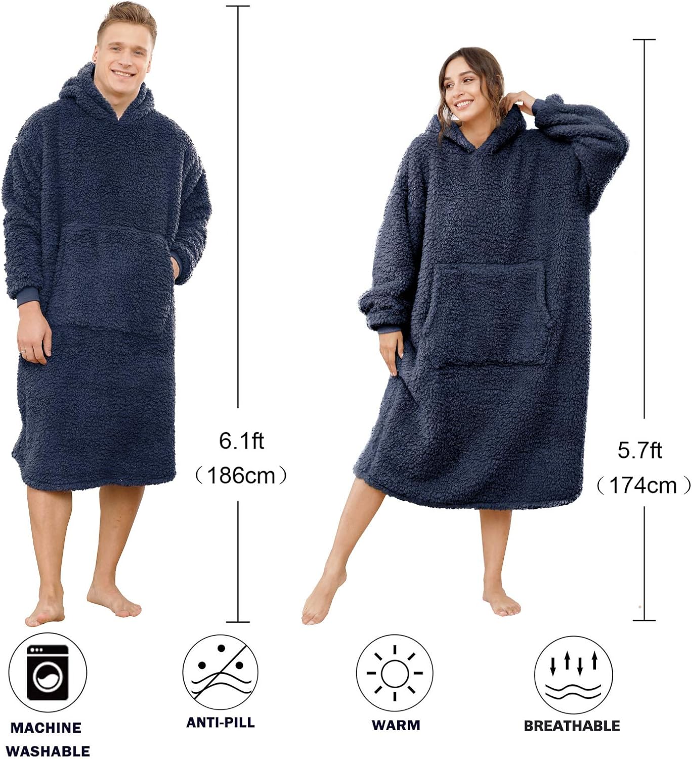 Übergrosse Sherpa-Decke mit Kapuze, Einheitsgröße Navy