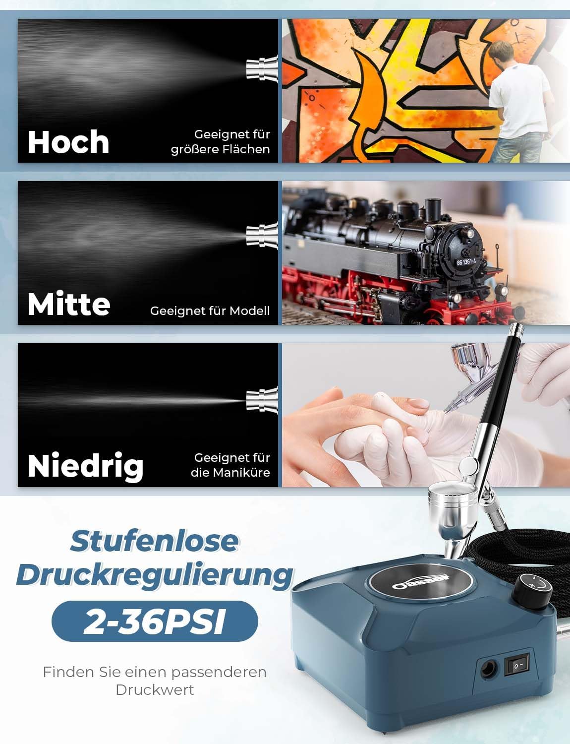 Airbrush Set mit Kompressor, Double Action-Airbrush-Pistole und Zubehör, Blau