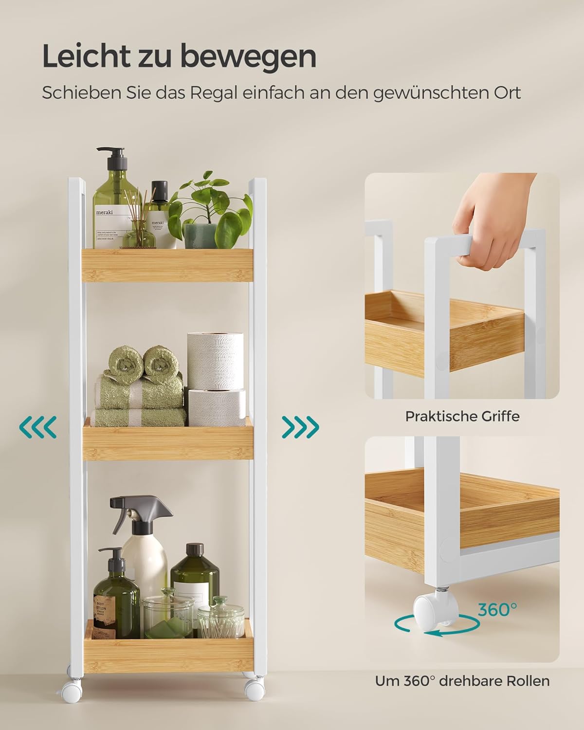Rollwagen für Bad, Weiß + Naturfarben