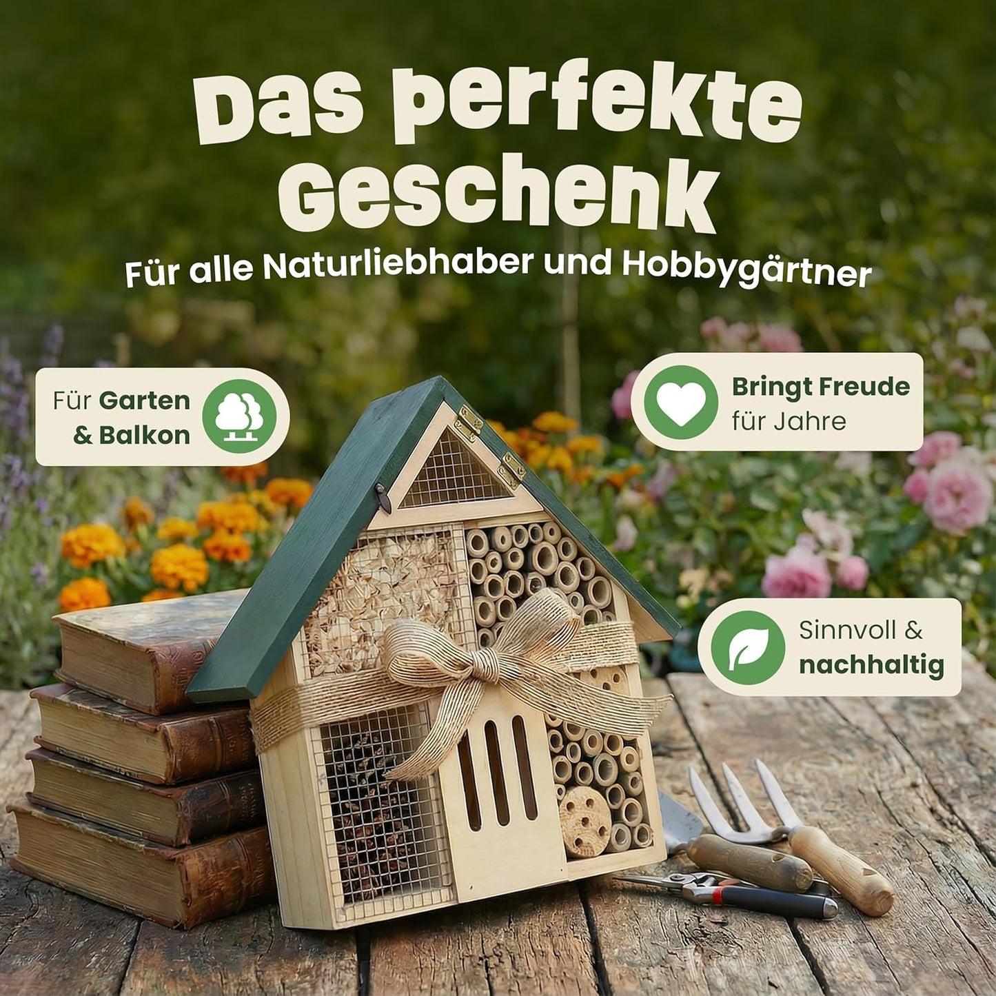 Insektenhotel XXL mit Bambus-Röhrchen (28,5 cm), Kompaktes Insektenhotel – Grünes Dach (28,5 cm)