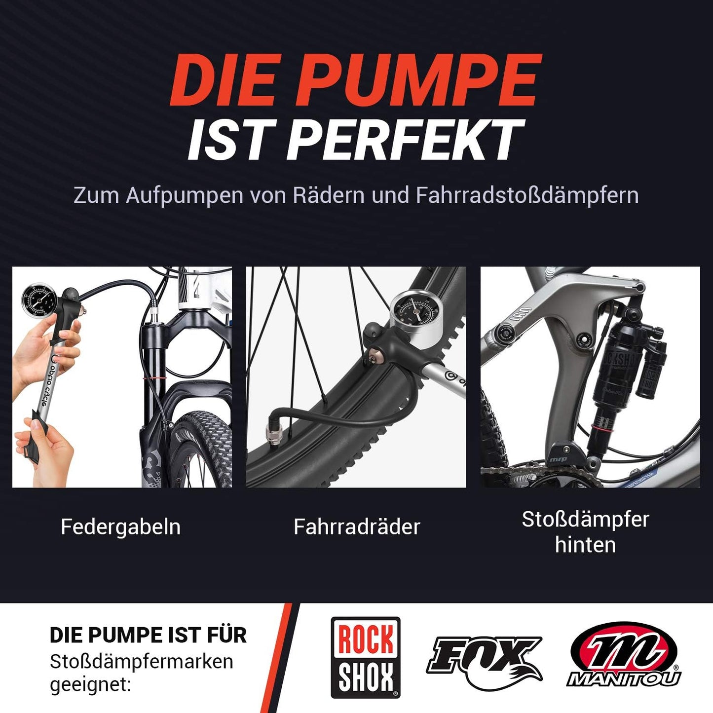 Hochdruck-Dämpferpumpe mit Manometer für Mountainbikes, 300 PSI / 20 Bar