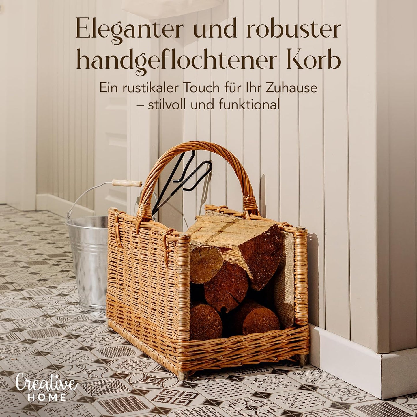 Kaminkorb aus Rattan für Kaminholz, mit Jute 45 x 30 x 47 cm Braun