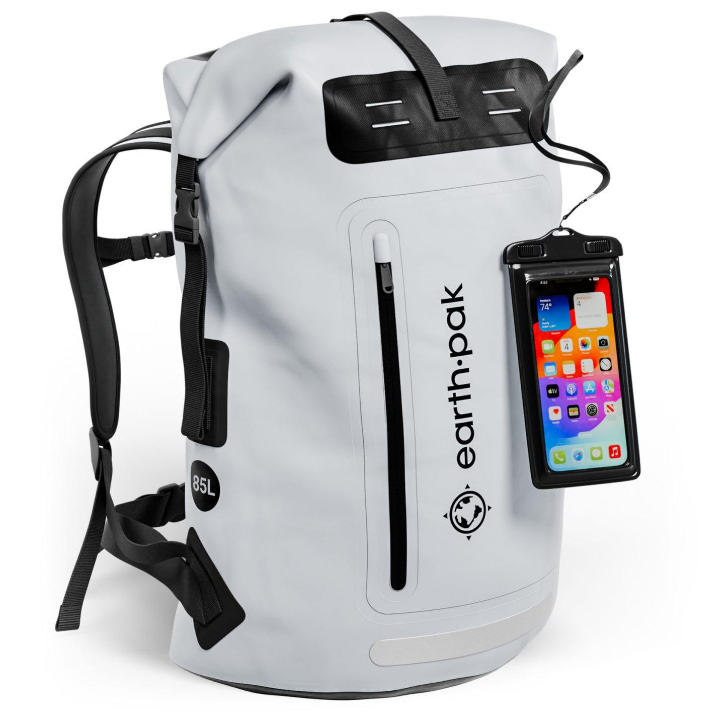 Wasserdichter Rucksack mit Rollverschluss und Handyhülle, 85L Grau