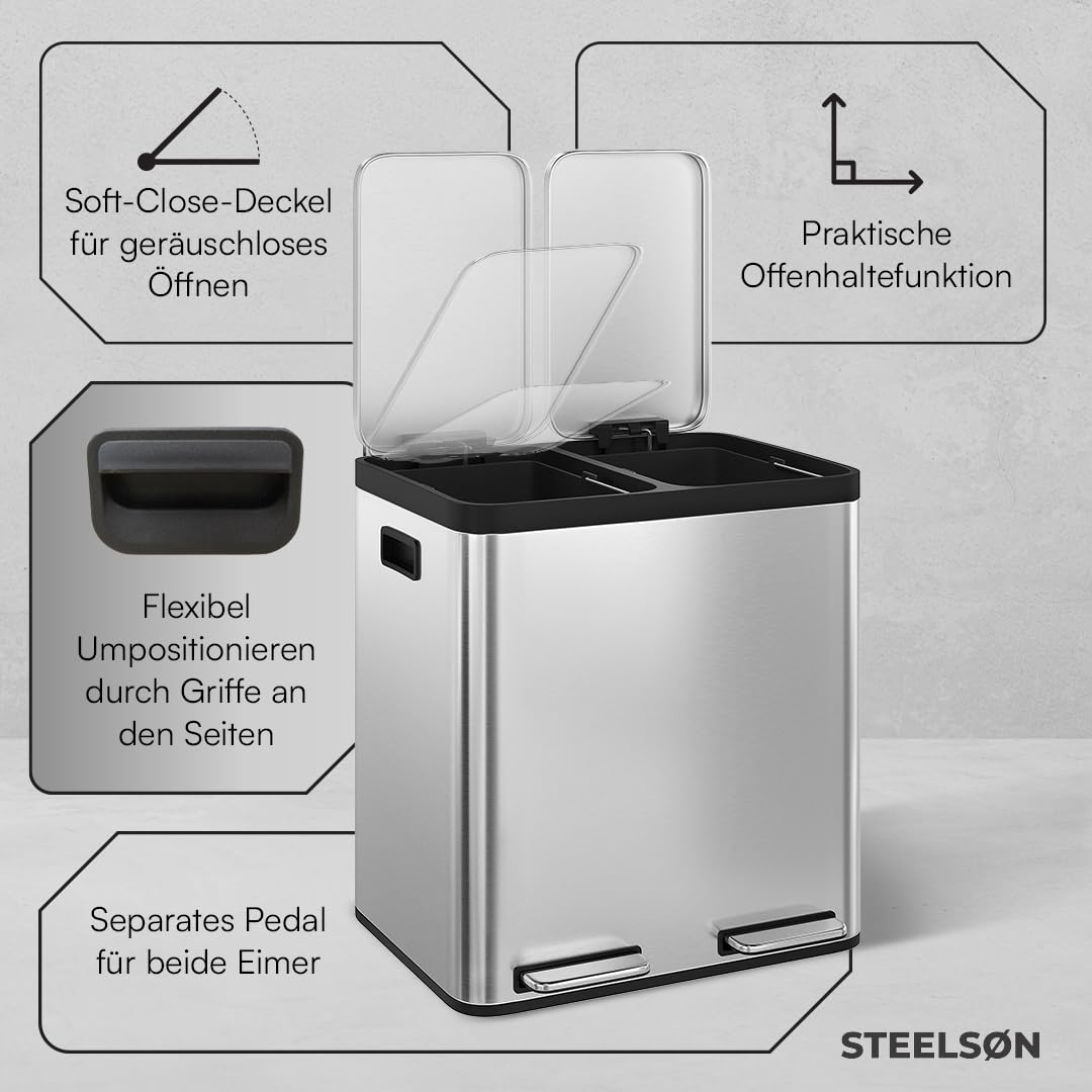 Epsilon Mülleimer 2-Fach-System mit Soft-Close, 2x15 L Silber