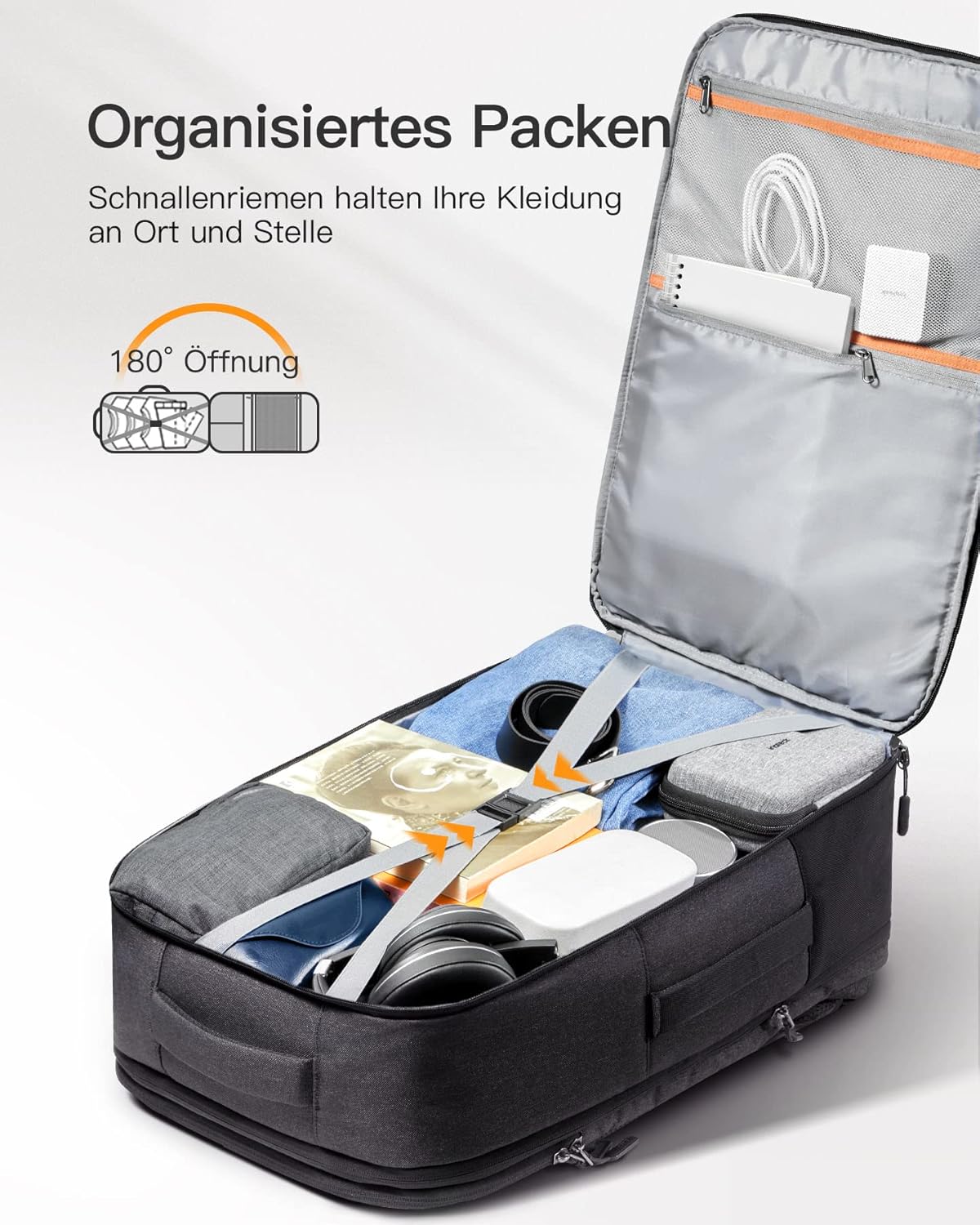 Erweiterbarer Reiserucksack für Handgepäck, Schwarz 46.2 L