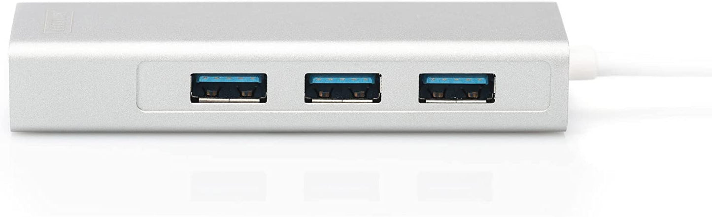 USB 3.2 Gen 1 Multiport-Hub, USB-C Stecker > 3x USB-A Buchse + RJ-45 Buchse, USB-Hub, USB 3.0 Typ-C HUB inkl. Gbit Ethernet Port