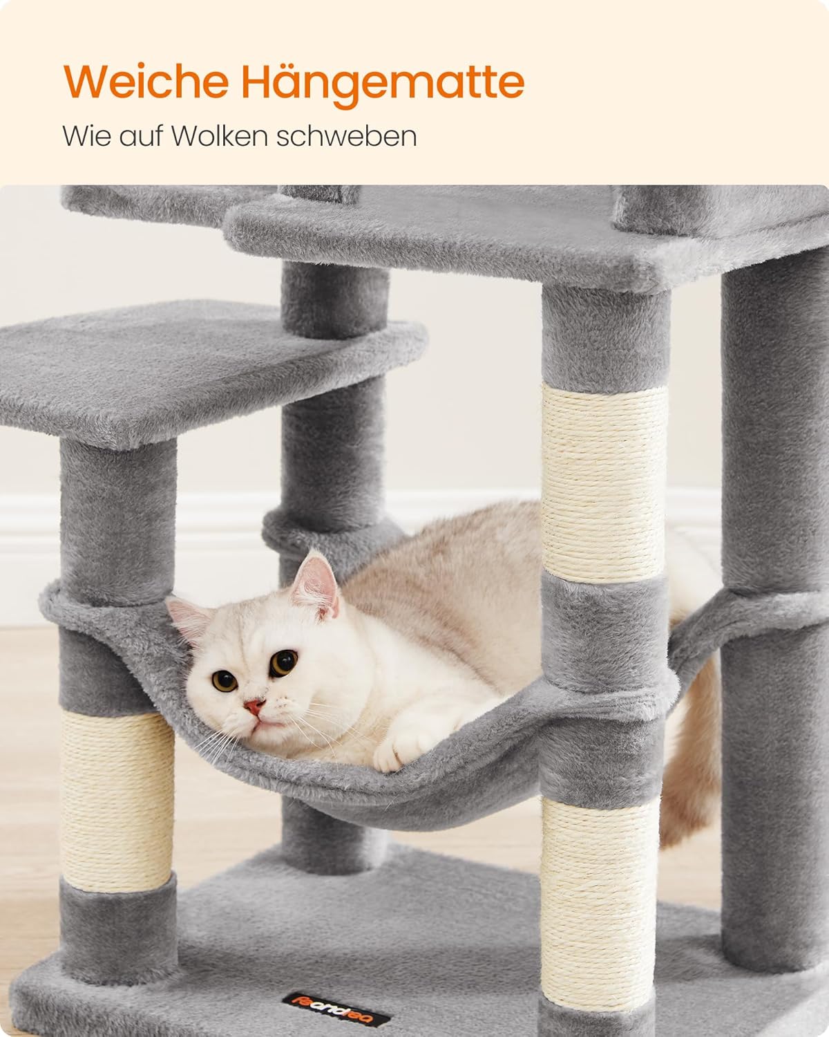 Mehrstöckiges Katzenhaus mit Kratzsäulen und Hängematte, PCT261W01, M (45 x 35 x 112 cm) Hellgrau