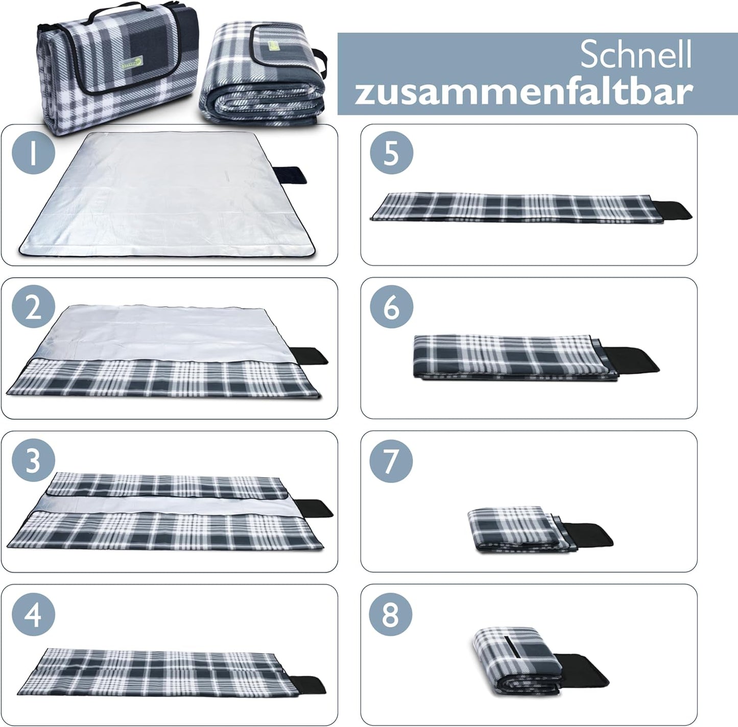 Wasserdichte Picknickdecke, Isoliert, 200x200 cm, Anthrazit