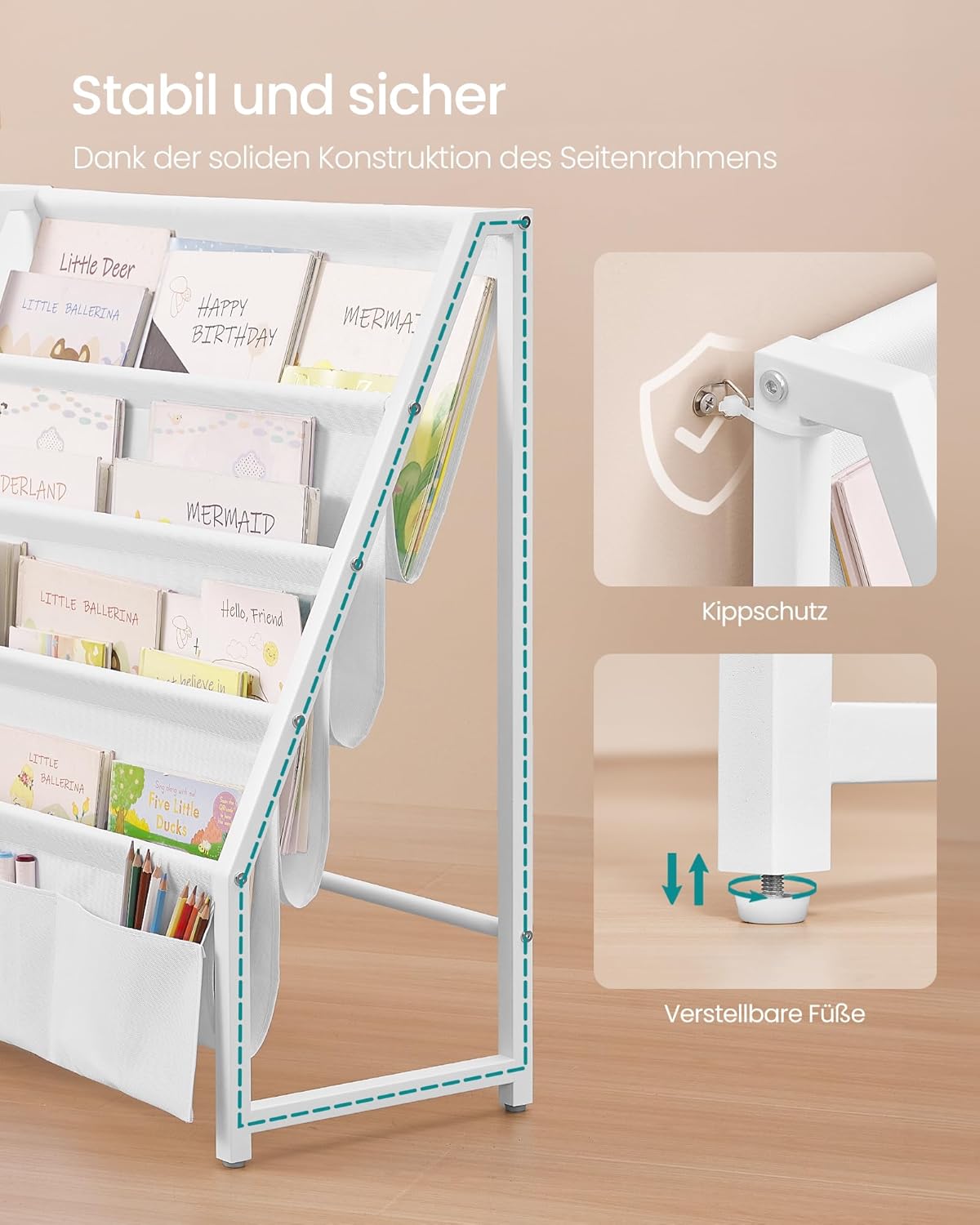 Bücher- und Spielzeugregal mit Seitentasche, 75 cm hoch