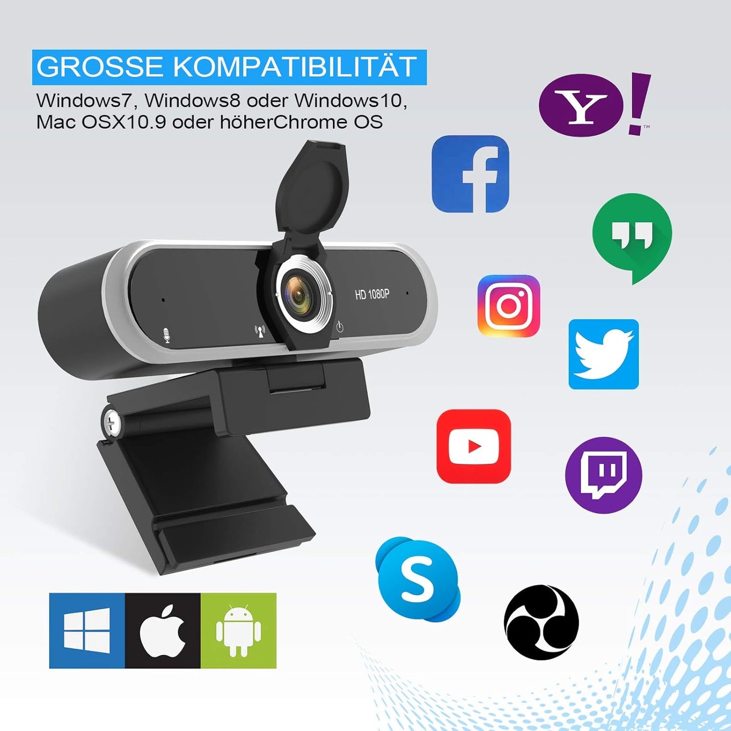 Webcam 1080P mit Mikrofon und Abdeckung, 1080P WEBCAM