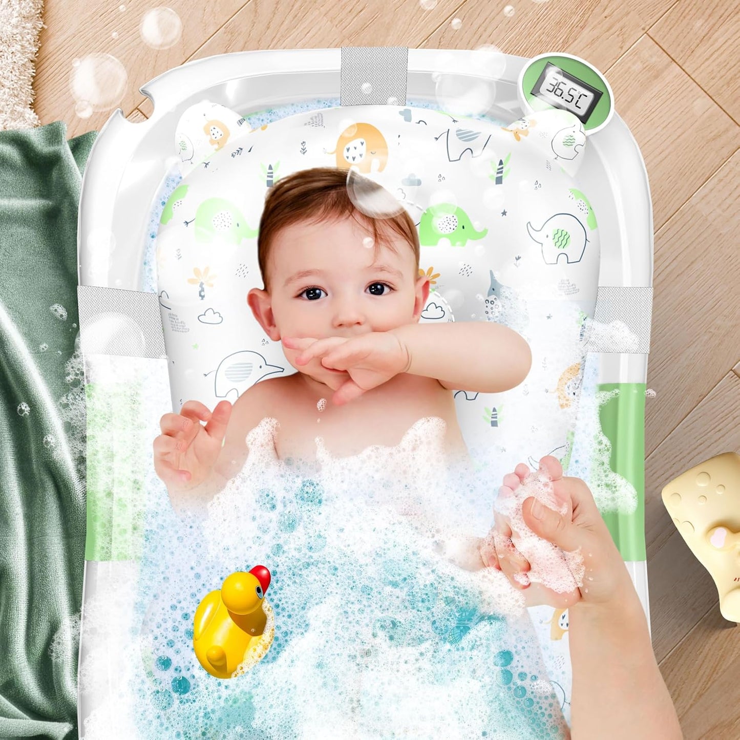 Faltbare Babybadewanne mit Thermostat & Kissen, Grün