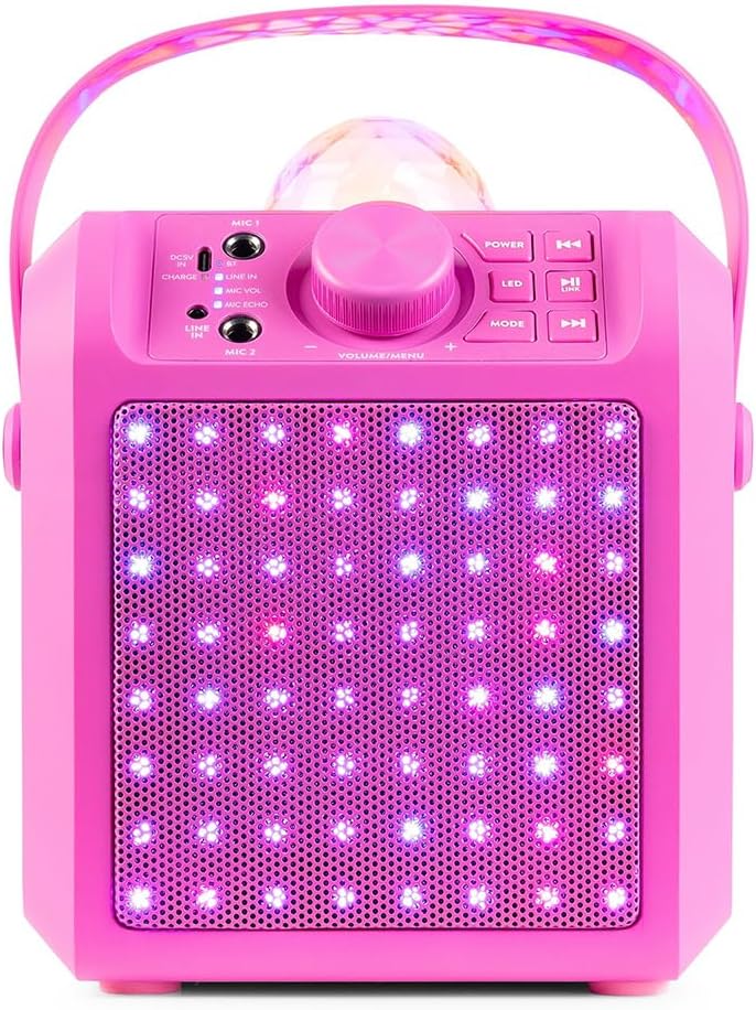 Karaoke-Musikbox mit Mikrofonen und LED-Licht, Pink + Disco Kugel