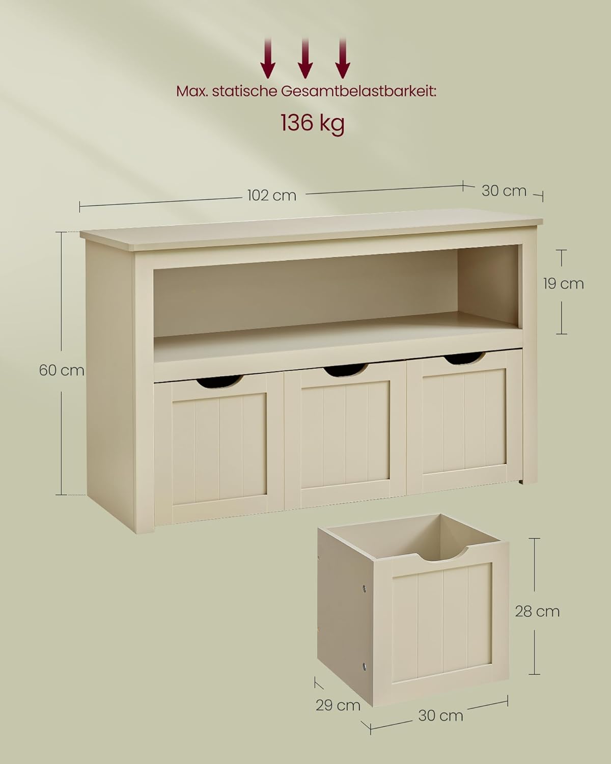 Kinder-Spielzeugregal mit Aufbewahrungsboxen und Rollen, Beige / Sandfarben 3 drawers