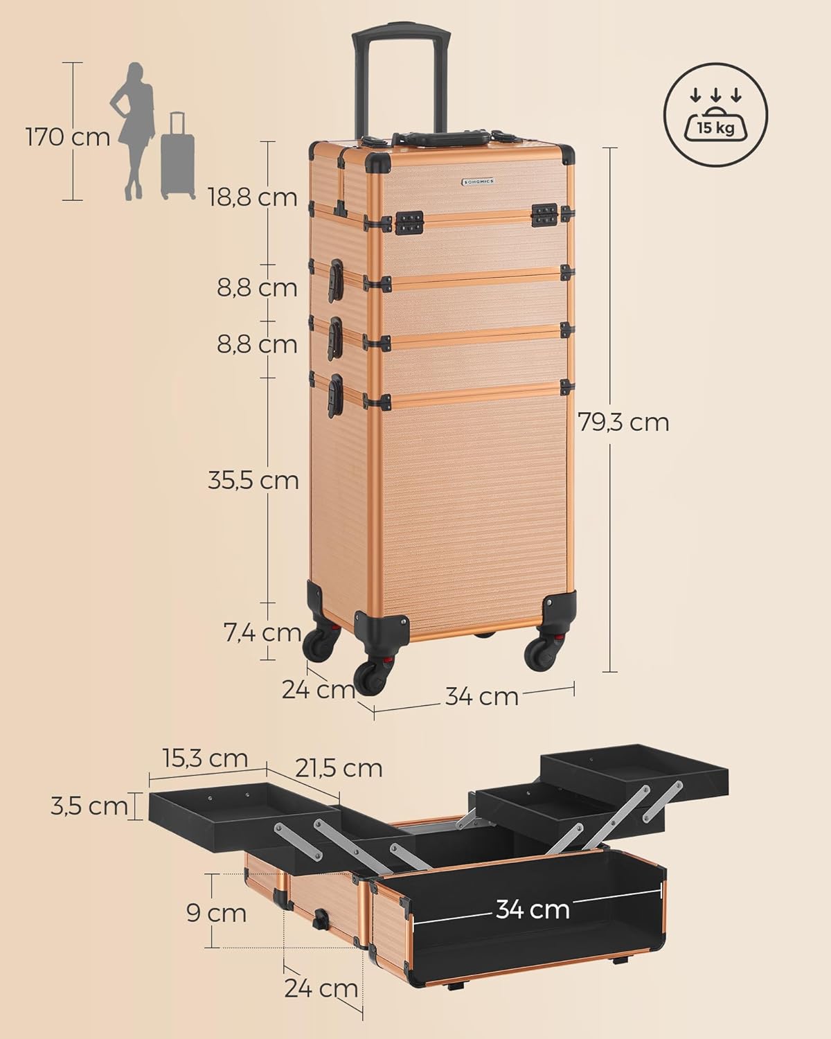 4-in-1 Kosmetik-Trolley, abschliessbar, mit Rollen, Champagnergold 4 in 1 (34 x 24 x 79,3 cm)