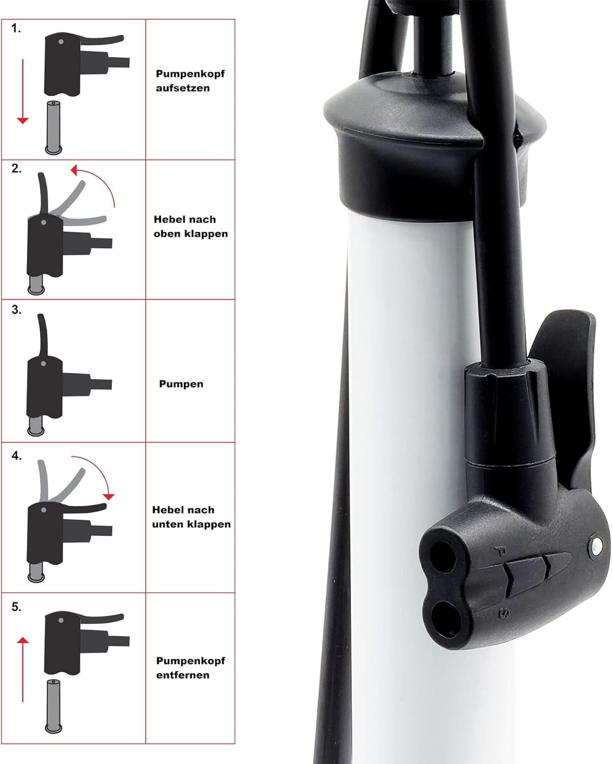 Velo-Standpumpe mit Manometer, Weiss = Mit rundem Manometer