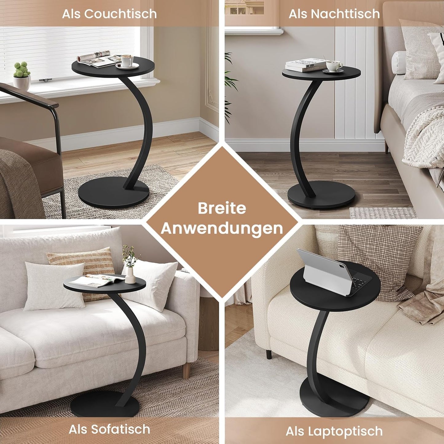 Beistelltisch C-Form mit Metallgestell, Schwarz