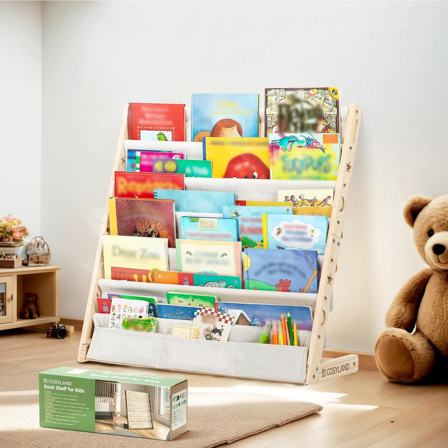 Kinderbücherregal mit Stofffächern, Naturholzfarbe X-Large