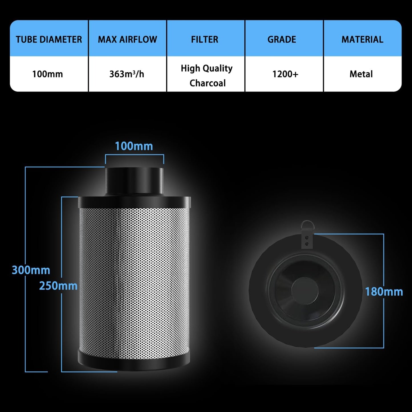 Aktivkohlefilter für Grow Tent (100mm, 365 m³/h), 100mm