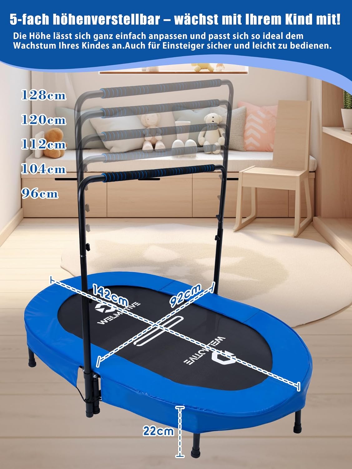 Indoor Trampolin für 2 Personen, Dunkelblau mit Griff