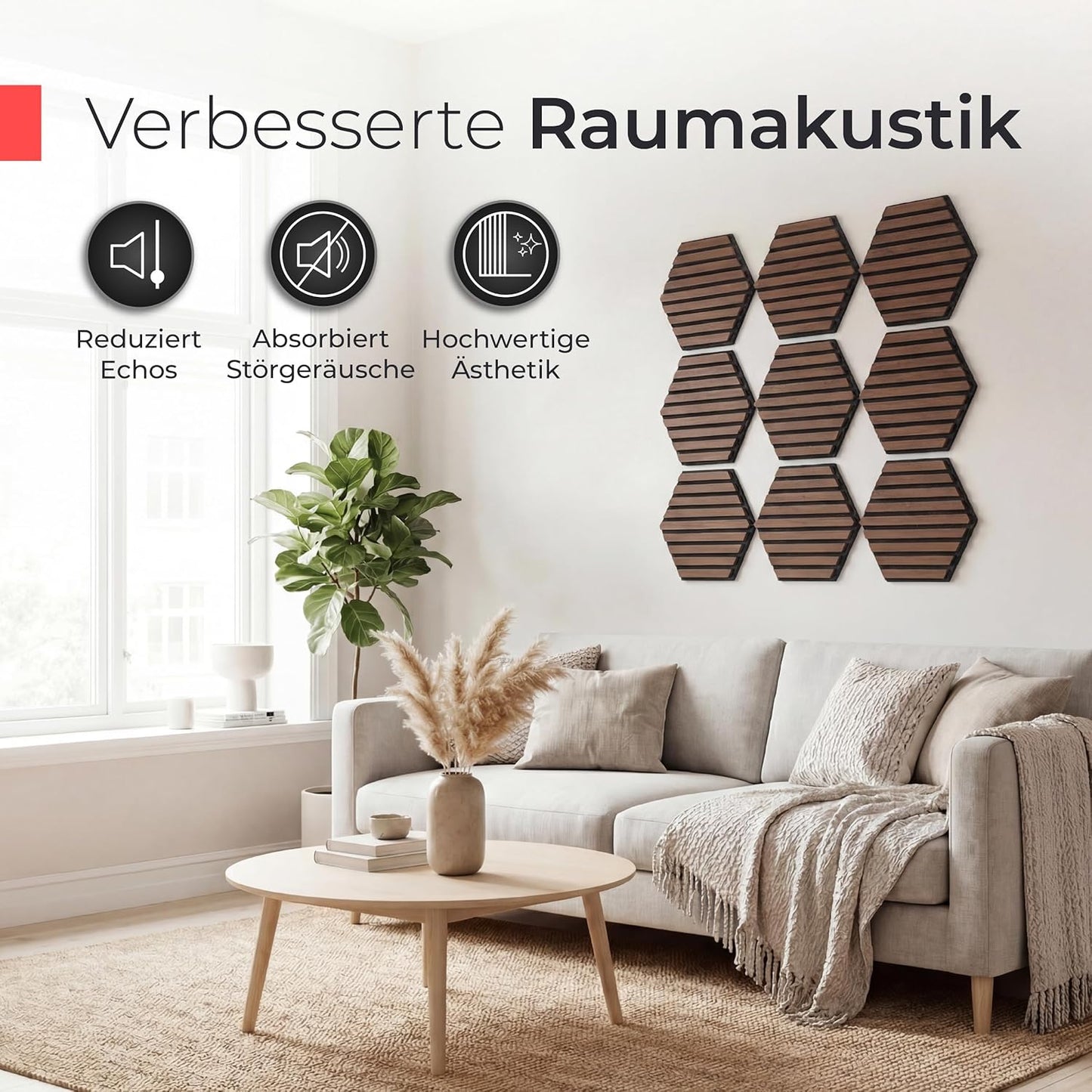 Akustikpaneele 3D, 9 Stück | 30 x 26 x 2,1 cm Holzfurnier Walnuss | Akustikfilz Schwarz