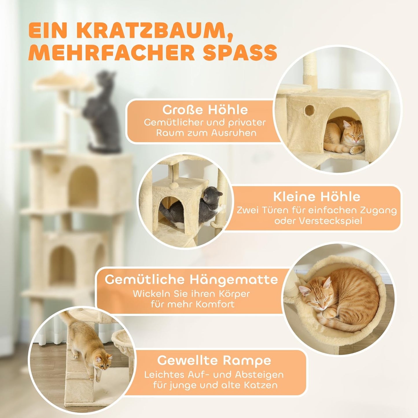 Kratzbaum mit Höhlen und Hängematte (160 cm), Beige 160H cm