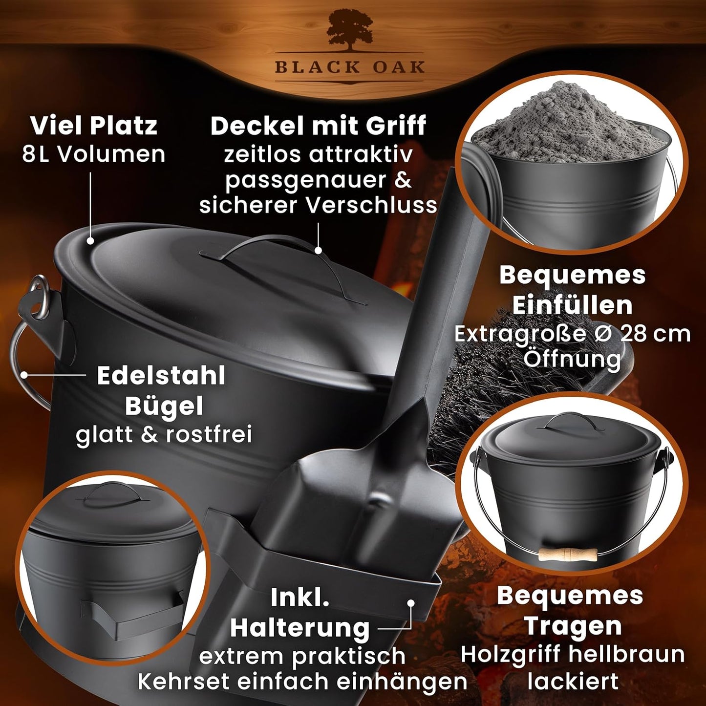 Ascheeimer Set Lanin mit Zubehör, Lanin 8L HELL Eimer + Kehrset