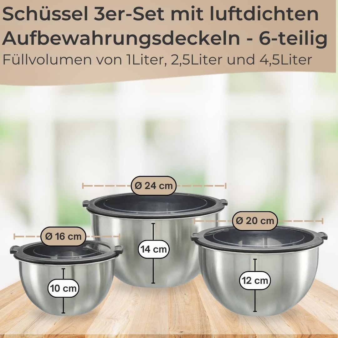 Edelstahl-Rührschüssel-Set mit Deckeln (6-teilig), Frischhalteschüsseln Set 6tlg.