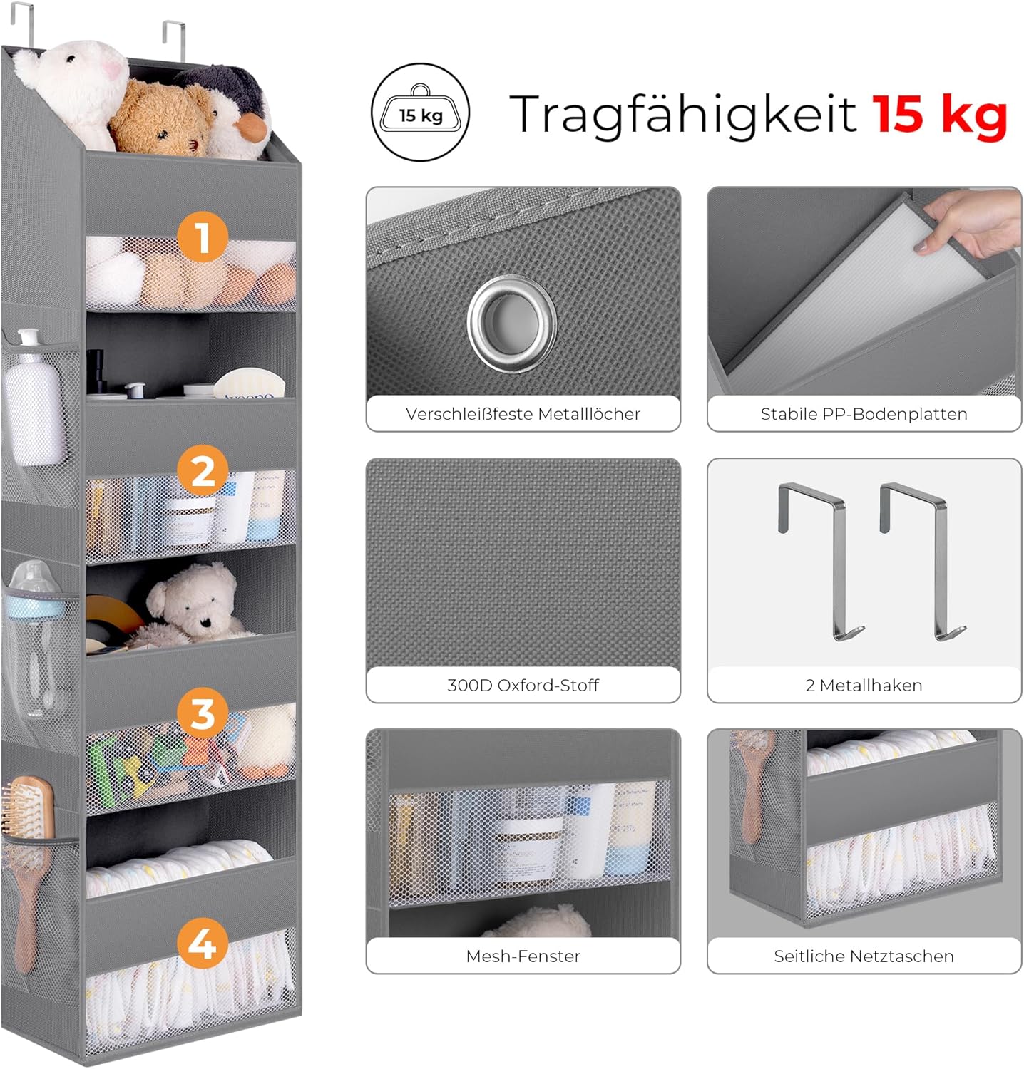 Hängeorganizer mit 4 Taschen, 4 Fächern Grau - 1 Stück