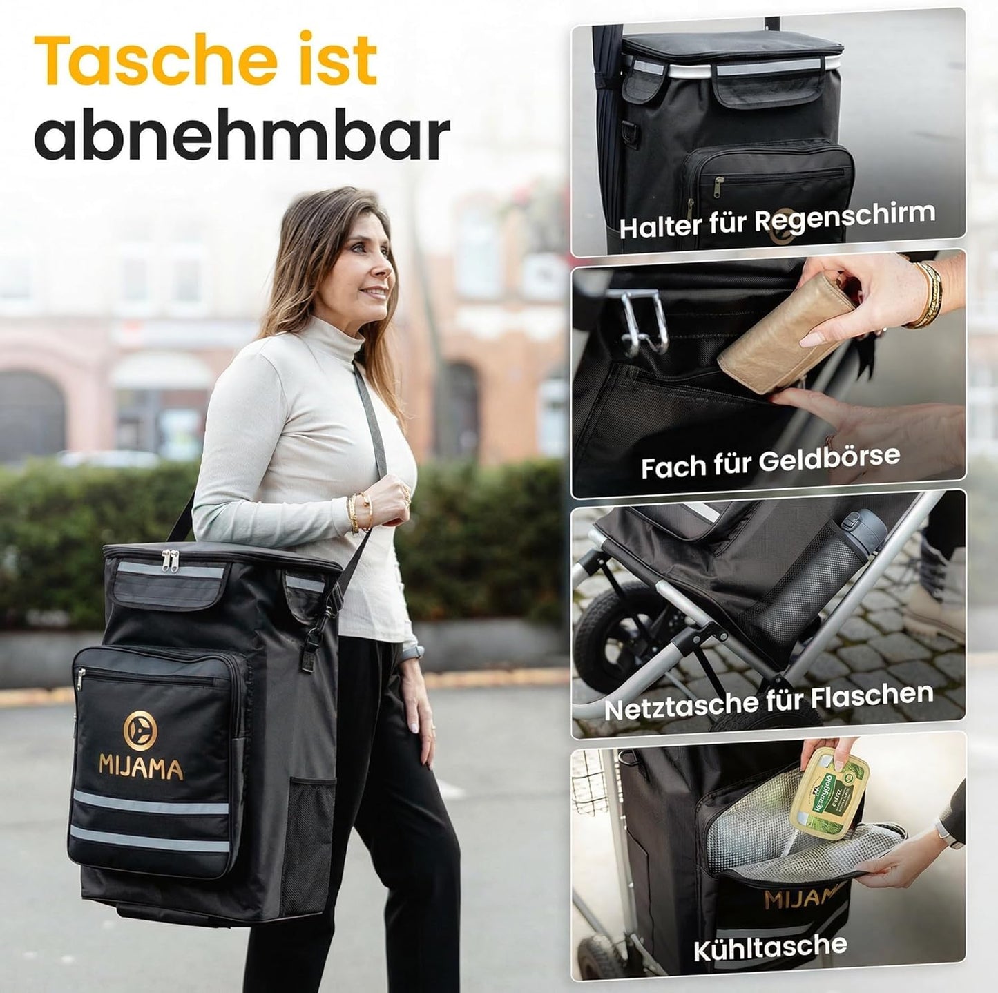 Klappbarer Einkaufstrolley mit Lufträdern, Schwarz