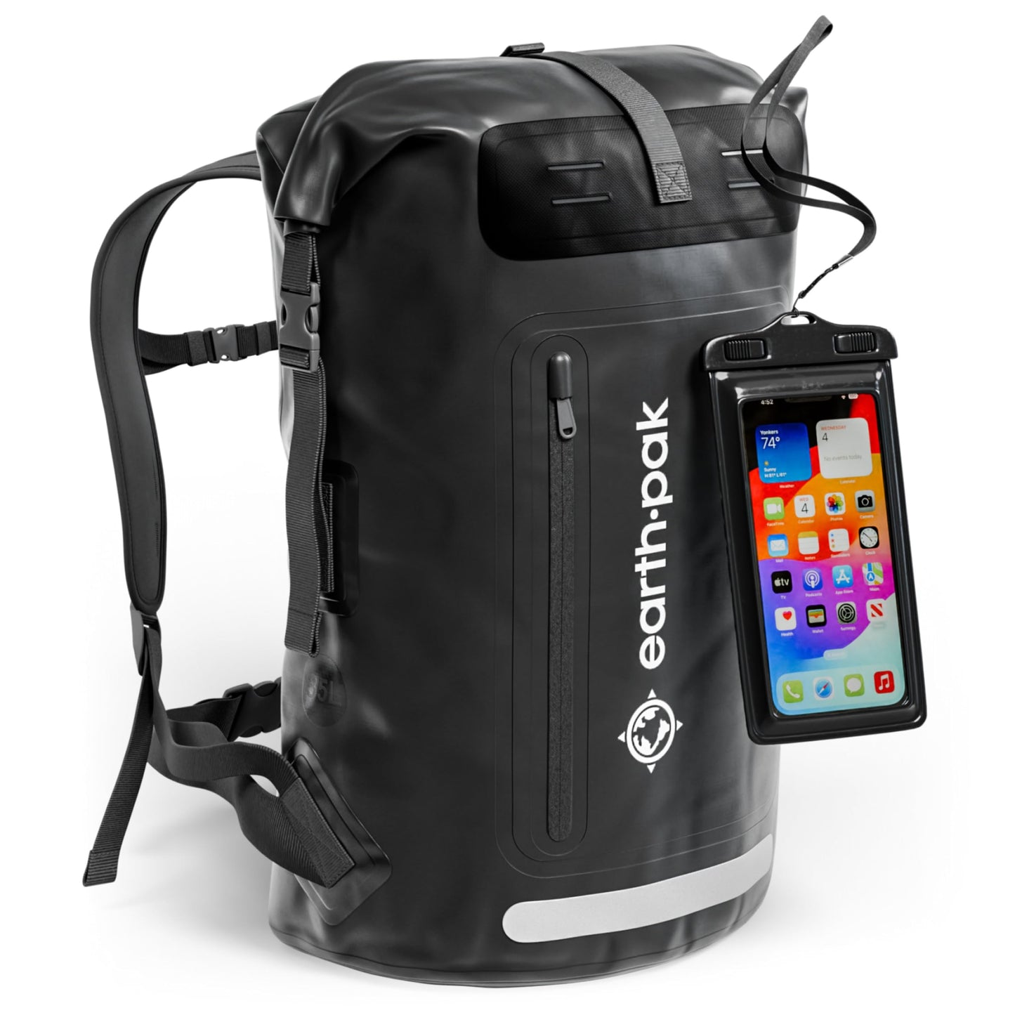 Wasserdichter Rucksack mit Rolltop und Handyhülle, 55L Schwarz