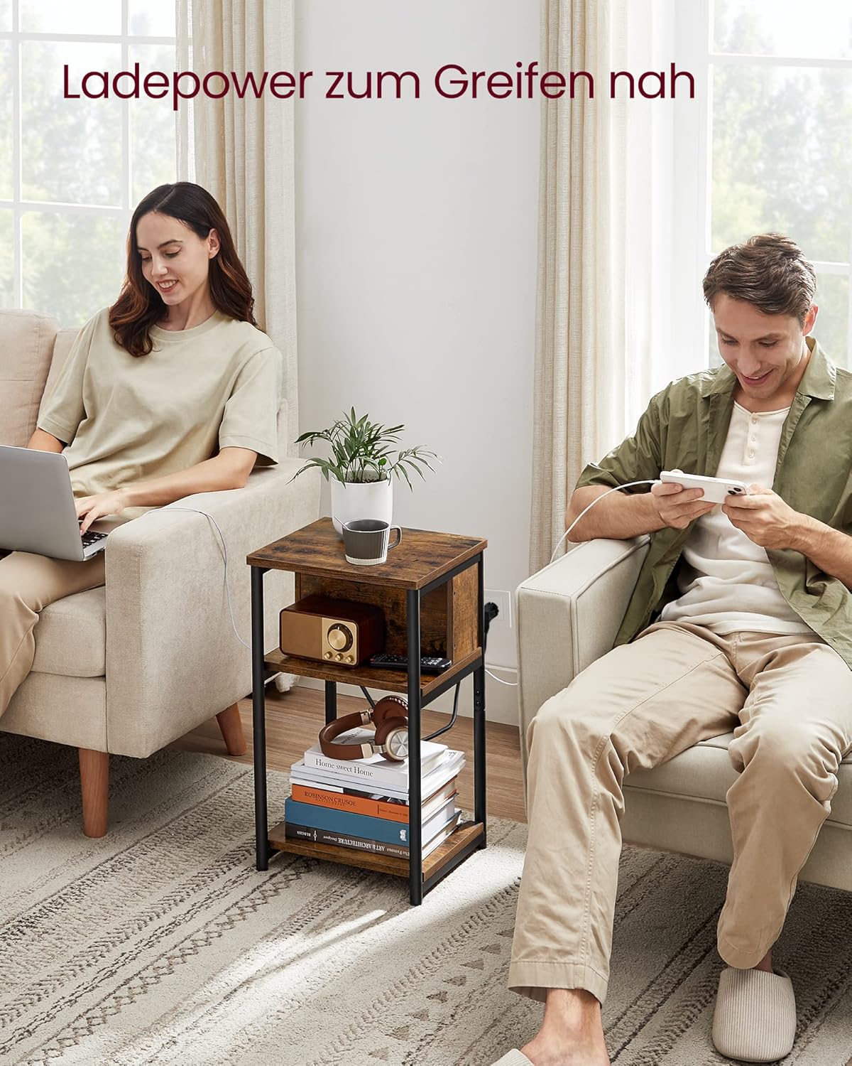 Beistelltisch Connect mit Steckdose und USB-Anschlüssen, Rustikales Braun + Schwarz