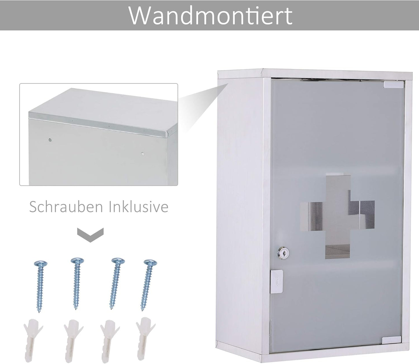 Abschliessbarer Medizinschrank mit Glastür, 3 Fächer, Silber B30 x T18 x H50 cm
