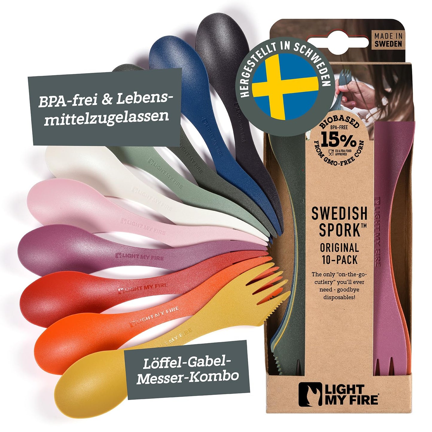 3-in-1 Campingbesteck Set (10 Stück), 10er-Pack Mehrfarbig