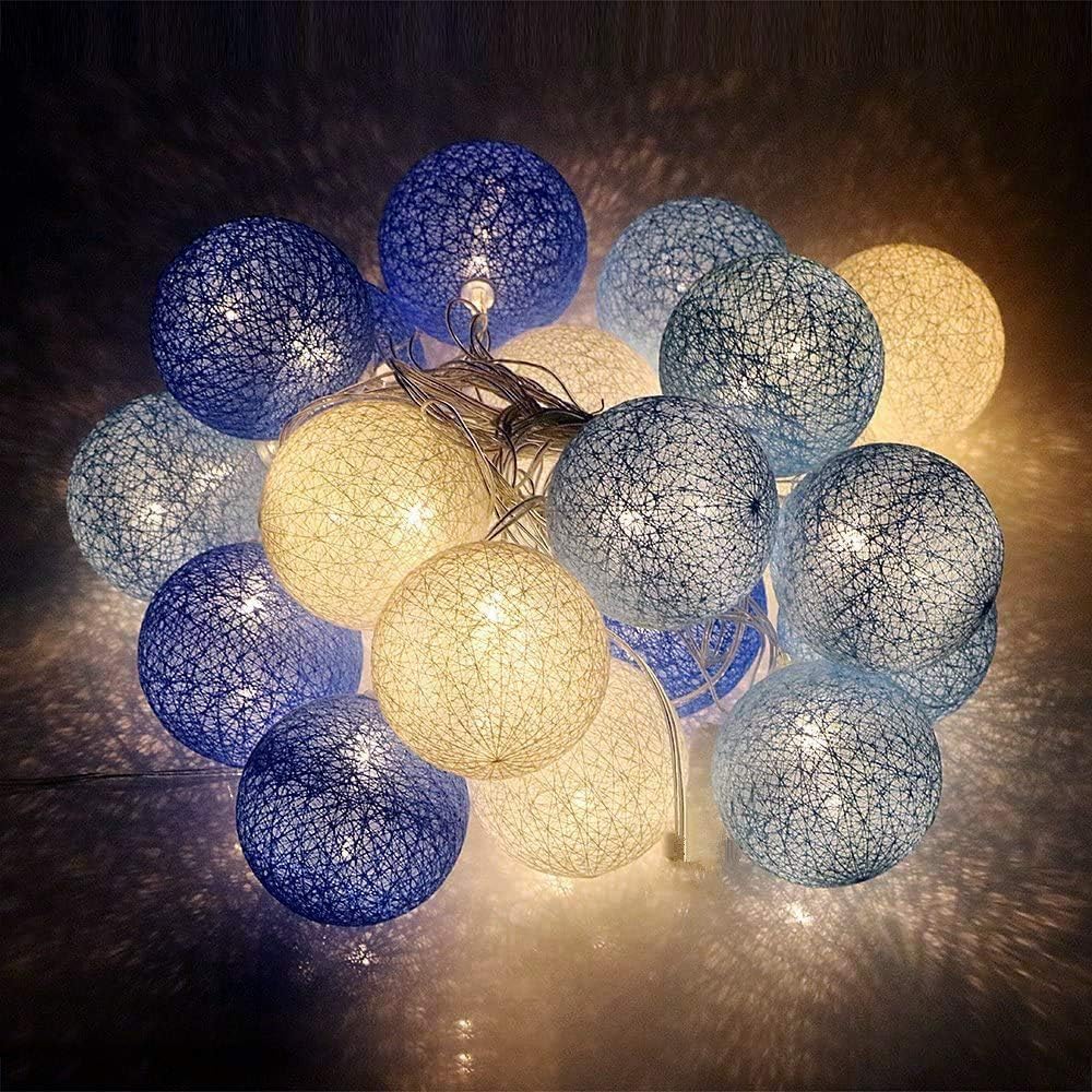 Lichterkette mit Baumwollkugeln, Blau Batterie