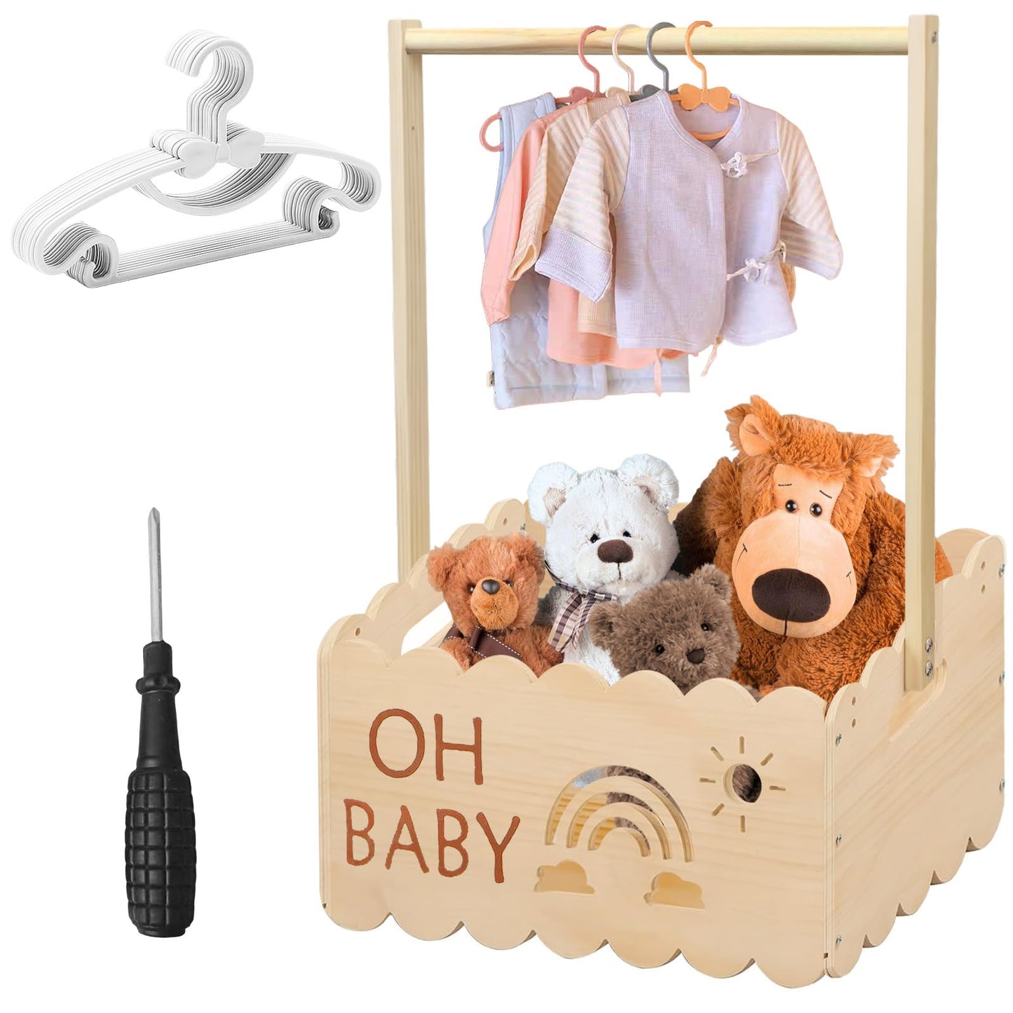 Babygeschenkkorb mit Kleiderbügeln und Kleiderstange