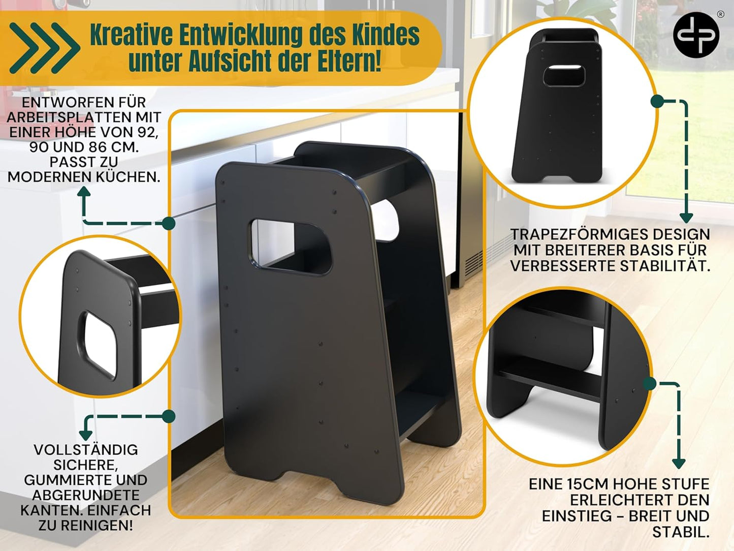 Montessori Lernturm mit Kippschutz, Schwarz