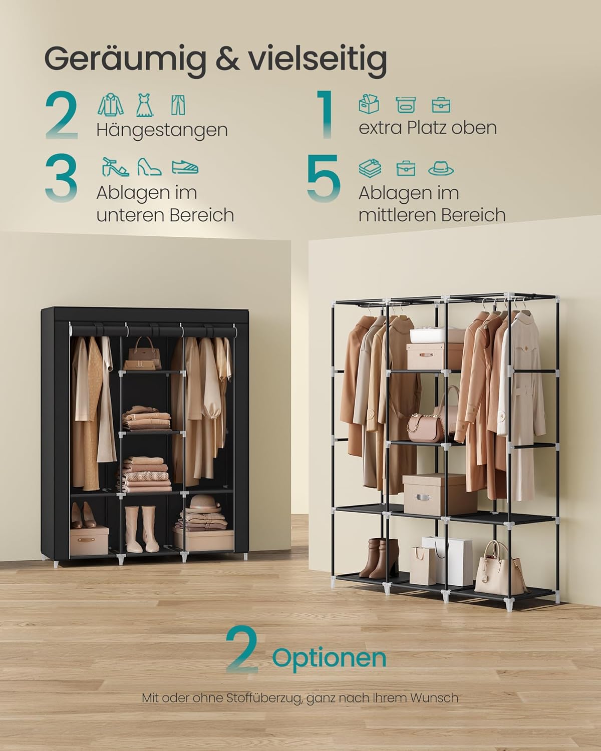 Kleiderschrank mit Vliesstoffbezug, Schwarz 130x46x168cm